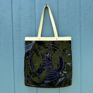 TORY BURCH Perforated Logo XL Black Patent Leather TOTE *Read*